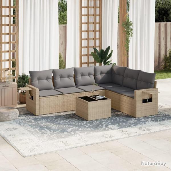 Salon de jardin avec coussins 7 pcs beige r�sine tress�e