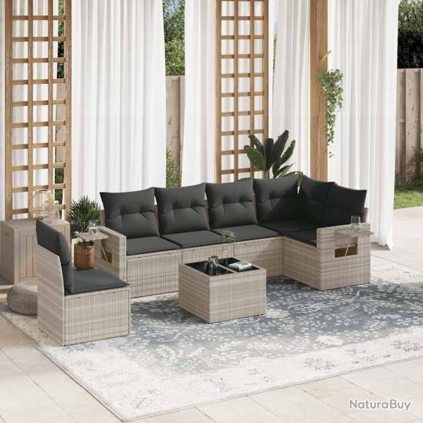 Salon de jardin avec coussins 7 pcs gris clair r�sine tress�e
