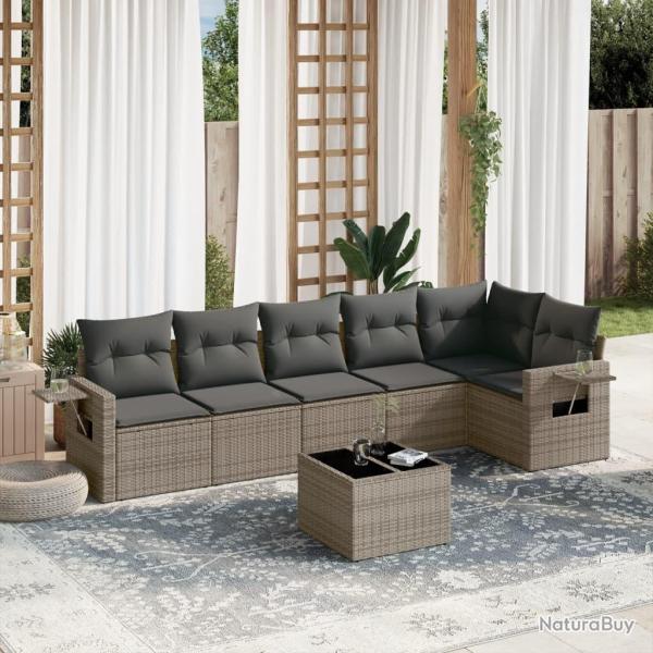 Salon de jardin avec coussins 7 pcs gris r�sine tress�e