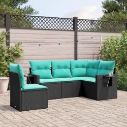 Salon de jardin 5 pcs avec coussins noir r&eacute;sine tress&eacute;e