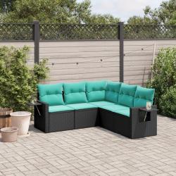 Salon de jardin 5 pcs avec coussins noir r&eacute;sine tress&eacute;e