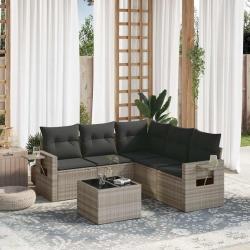 Salon de jardin 6 pcs avec coussins gris clair r&eacute;sine tress&eacute;e