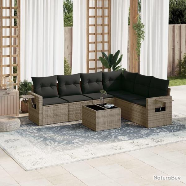 Salon de jardin avec coussins 7 pcs gris r�sine tress�e
