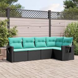 Salon de jardin 5 pcs avec coussins noir r&eacute;sine tress&eacute;e