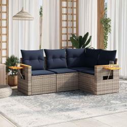 Salon de jardin 4 pcs avec coussins gris r&eacute;sine tress&eacute;e