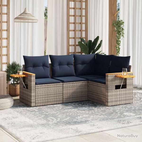 Salon de jardin 4 pcs avec coussins gris r�sine tress�e