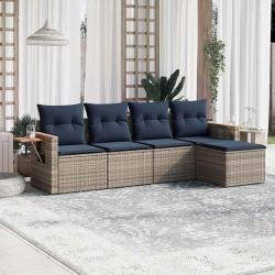 Salon de jardin 5 pcs avec coussins gris r&eacute;sine tress&eacute;e