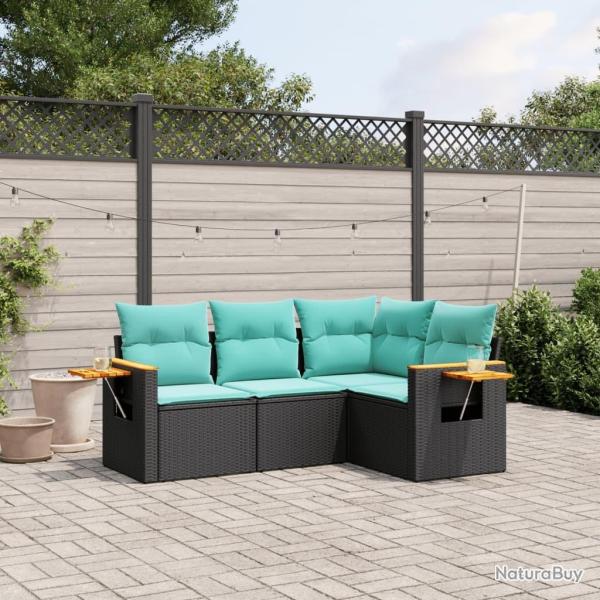 Salon de jardin 4 pcs avec coussins noir r�sine tress�e