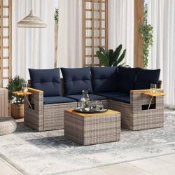 Salon de jardin 5 pcs avec coussins gris r&eacute;sine tress&eacute;e