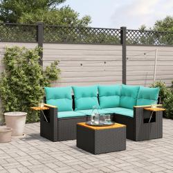 Salon de jardin 5 pcs avec coussins noir r&eacute;sine tress&eacute;e