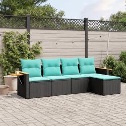 Salon de jardin 5 pcs avec coussins noir r&eacute;sine tress&eacute;e