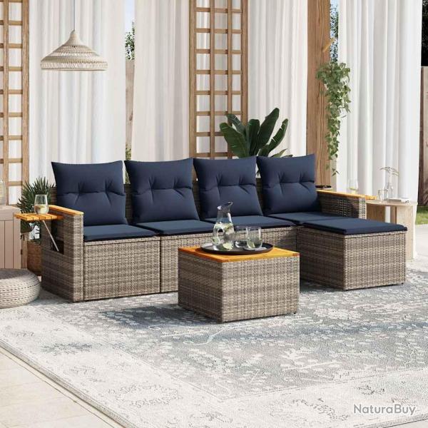 Salon de jardin 6 pcs avec coussins gris r�sine tress�e