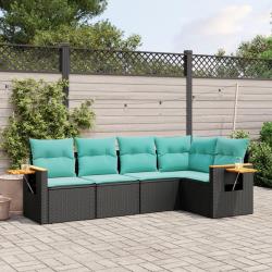 Salon de jardin 5 pcs avec coussins noir r&eacute;sine tress&eacute;e
