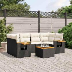 Salon de jardin 7 pcs avec coussins noir r&eacute;sine tress&eacute;e