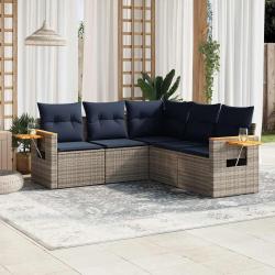 Salon de jardin 5 pcs avec coussins gris r&eacute;sine tress&eacute;e