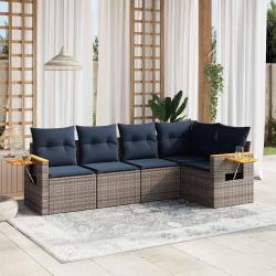Salon de jardin 5 pcs avec coussins gris r&eacute;sine tress&eacute;e
