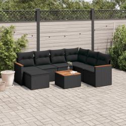 Salon de jardin 8 pcs avec coussins noir r&eacute;sine tress&eacute;e