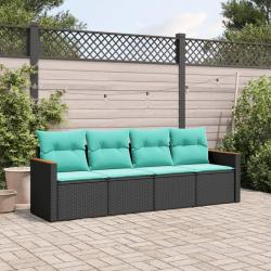 Salon de jardin 4 pcs avec coussins noir r&eacute;sine tress&eacute;e