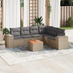 Salon de jardin avec coussins 7 pcs beige r&eacute;sine tress&eacute;e