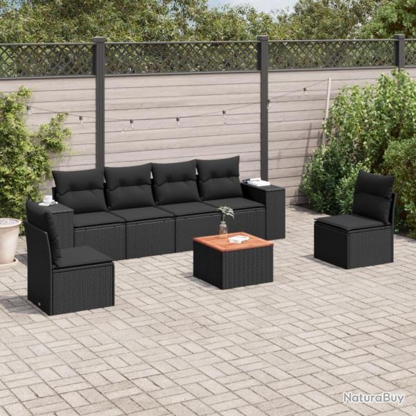 Salon de jardin 7 pcs avec coussins noir r�sine tress�e