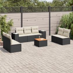 Salon de jardin 8 pcs avec coussins noir r&eacute;sine tress&eacute;e