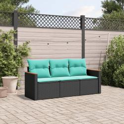 Salon de jardin 3 pcs avec coussins noir r&eacute;sine tress&eacute;e