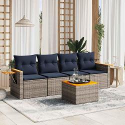 Salon de jardin 5 pcs avec coussins gris r&eacute;sine tress&eacute;e