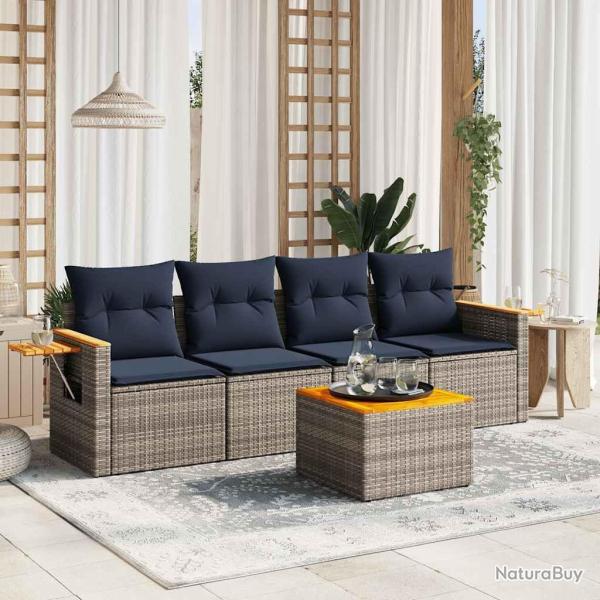 Salon de jardin 5 pcs avec coussins gris r�sine tress�e