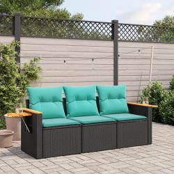 Salon de jardin 3 pcs avec coussins noir r&eacute;sine tress&eacute;e