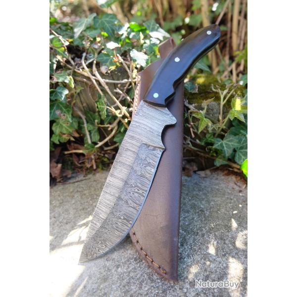 Couteau Bowie De Chasse Manche Rosewood Lame Drop Point Acier Damas 256 Couches Etui Cuir F Artisan