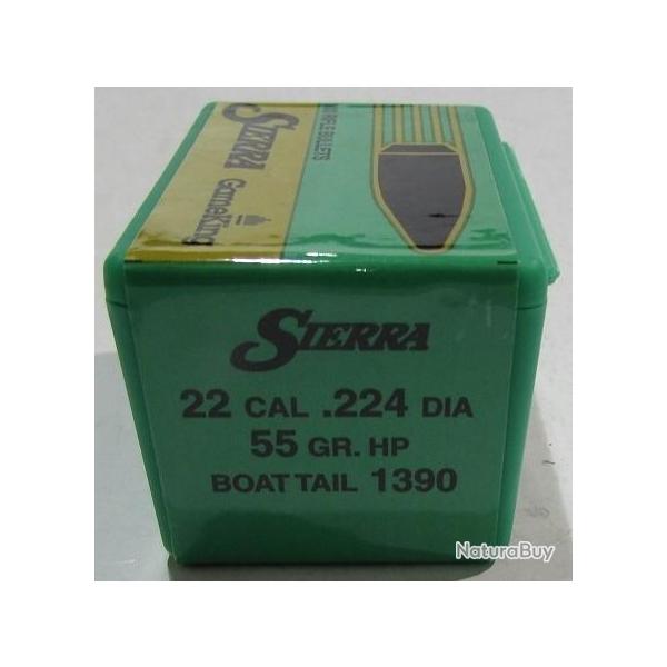 Ogives SIERRA 22 cal .224 diam 55gr HP BOAT TAIL 1390 x100