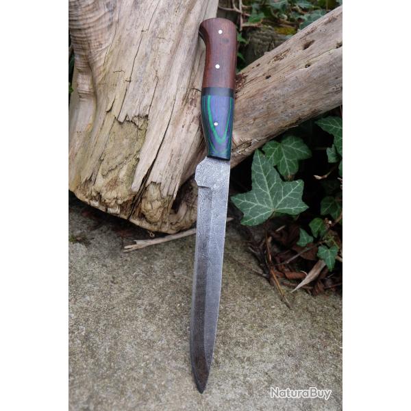 Couteau De Cuisine D'Office Lame Acier Damas 256 Couches Manche 2 Bois Fabrication Artisanale