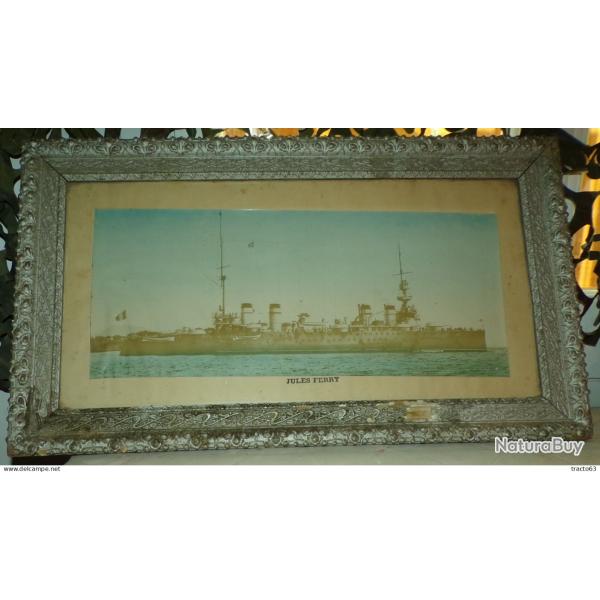 CADRE AVEC PHOTO DU CROISEUR-CUIRASSIER JULES FERRY� 1914-1918� WWI ,� CADRE MIROITERIE BARRAS A MON