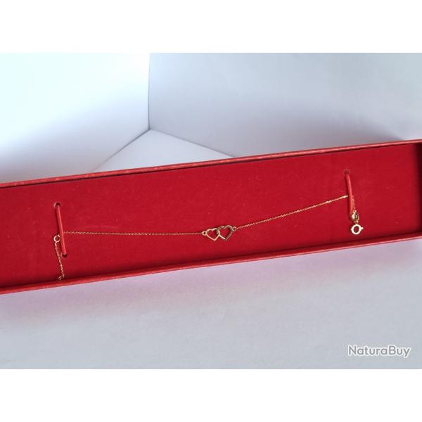 Superbe Bracelet Or Ajustable Double Coeur 9 Carats , OR Blanc et Jaune , 18 cm , Poin�onn�