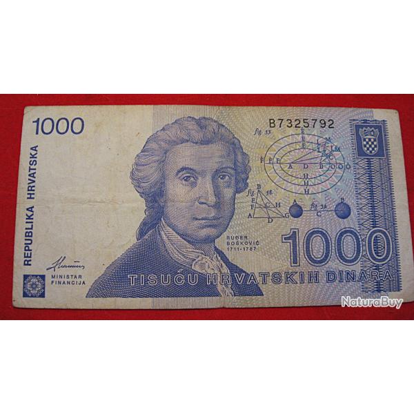 Croatie, billet de 1000 dinars ttb 1991