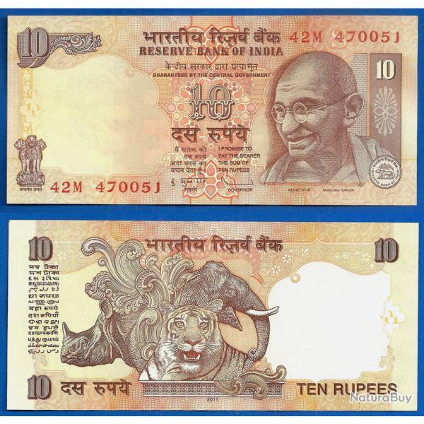 Inde 10 Roupies 2011 Lettre S Gandhi Animal Elephant Tigre Billet