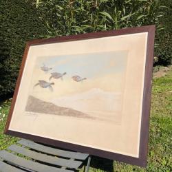 Gravure L&eacute;on Danchin vol de perdrix sign&eacute;e et num&eacute;rot&eacute;e