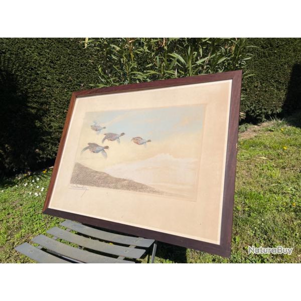 Gravure L�on Danchin vol de perdrix sign�e et num�rot�e