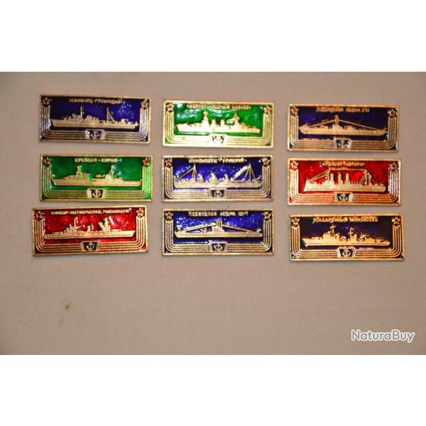 9 INSIGNES SOVIETIQUES-URSS-BATEAUX MARINE-SOUS MARINS-NAVY BADGES SOVIETS 1970