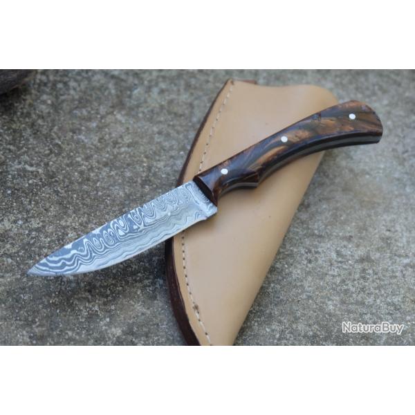 Couteau Skinner de Poche Lame Acier Damas 256 Couches Manche R�sine Etui SimiliCuir Fab Artisanale