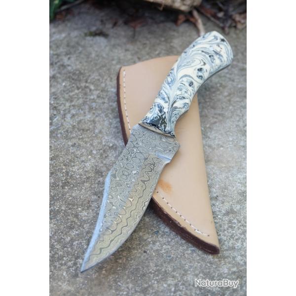 Couteau Skinner Lame Acier Damas 256 Couches Bubble Manche R�sine Etui SimiliCuir Fab Artisanale