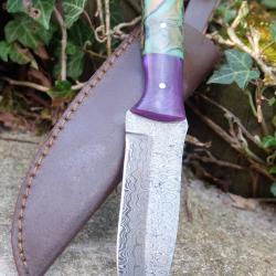 Couteau Skinner Lame Acier Damas 256 Couches Bubble Manche R&eacute;sine Etui SimiliCuir Fab Artisanale 01