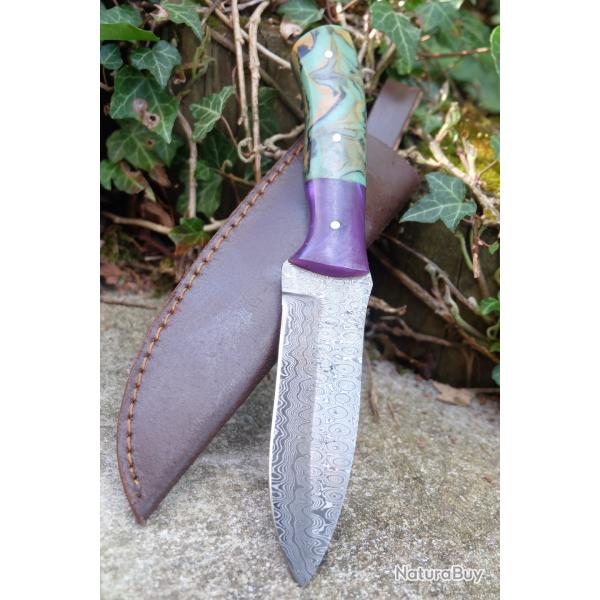 Couteau Skinner Lame Acier Damas 256 Couches Bubble Manche R�sine Etui SimiliCuir Fab Artisanale 01