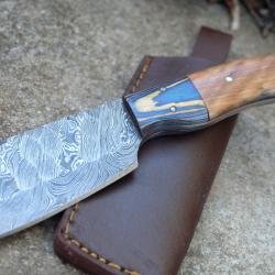 Couteau Skinner Damas Lame Butcher Acier 256 Couches Martel&eacute;e Manche 2 Bois Etui Cuir Fab Artisanale