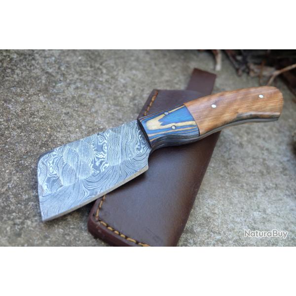 Couteau Skinner Damas Lame Butcher Acier 256 Couches Martel�e Manche 2 Bois Etui Cuir Fab Artisanale
