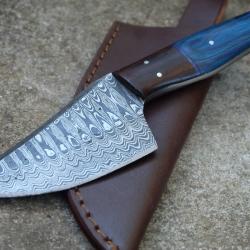 Couteau Skinner Damas Lame Upswept Acier 256 Couches Manche 2 Bois Etui Cuir Fabricat Artisanale02