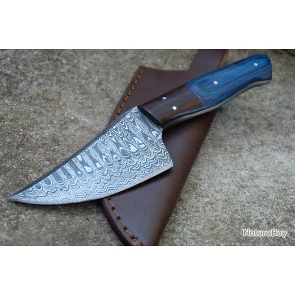 Couteau Skinner Damas Lame Upswept Acier 256 Couches Manche 2 Bois Etui Cuir Fabricat Artisanale02