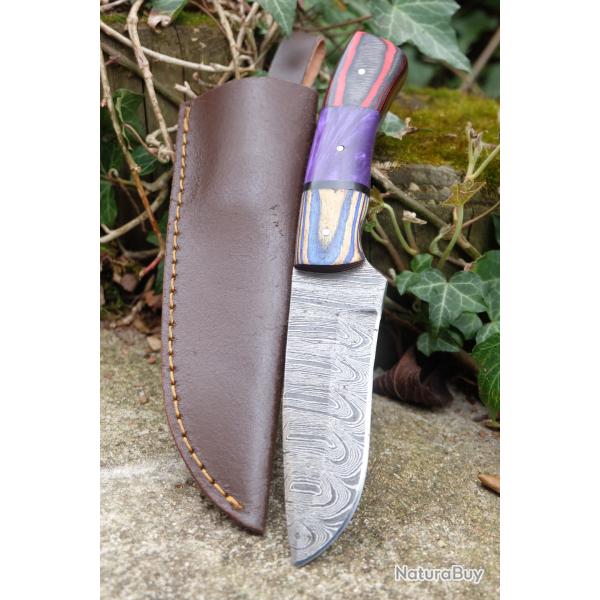 Skinner Bowie Couteau de Chasse Damas Lame 256 Couches Manche Bois/Abs Fabric Artisanale Etui Cuir