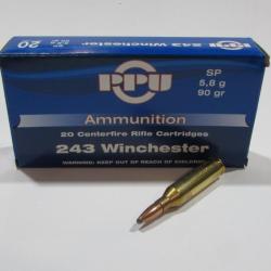 5 boites neuve de 20 cartouches Partizan  de calibre 243 Winchester, 90 grains , SP