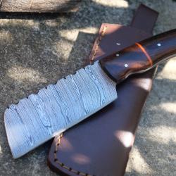 Couteau Skinner Damas Lame Butcher Acier 256 Couches Manche Rosewood Etui Cuir Fab Artisanale